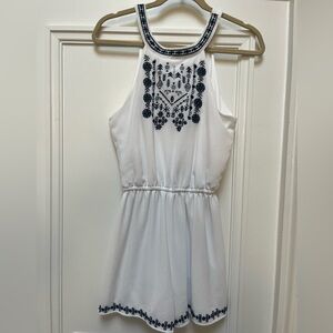 Three Pink Hearts White Romper with Navy Designs